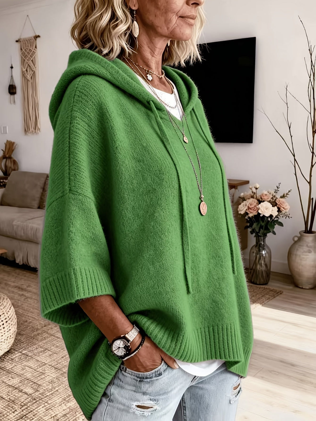 Women’s Oversized Hoodie – Fine-Knit Hooded Jumper with Batwing Sleeves