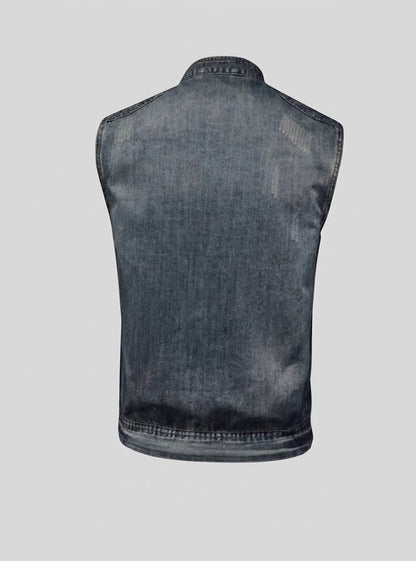 Men’s Distressed Denim Biker Vest – Zip-Front Sleeveless Layer with Quilted Shoulders and Chest Pockets