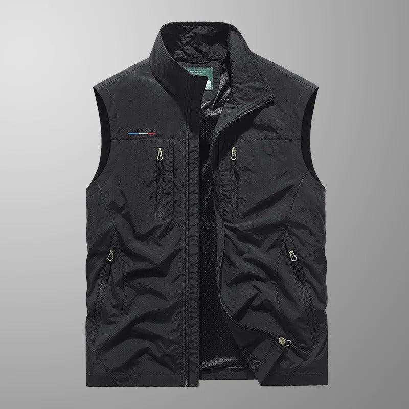 Men’s Cargo Gilet – Stand Collar with Six Zip Pockets and Mesh Back