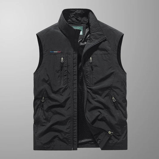 Men’s Cargo Gilet – Stand Collar with Six Zip Pockets and Mesh Back