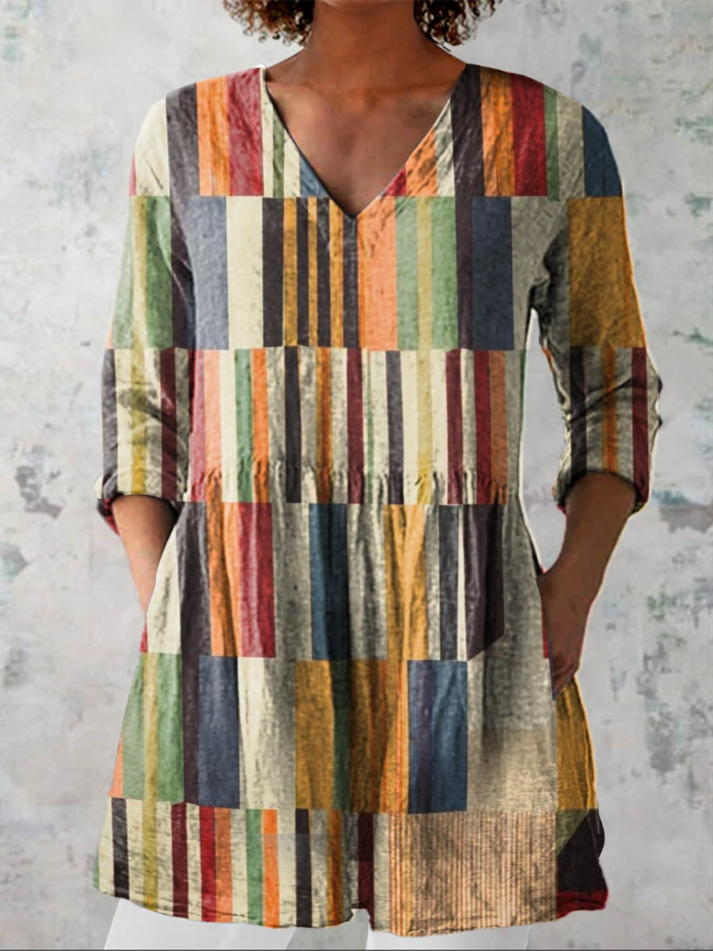 Women’s Long Blouse – V-Neck Tunic with Patchwork Print and Stepped Hem
