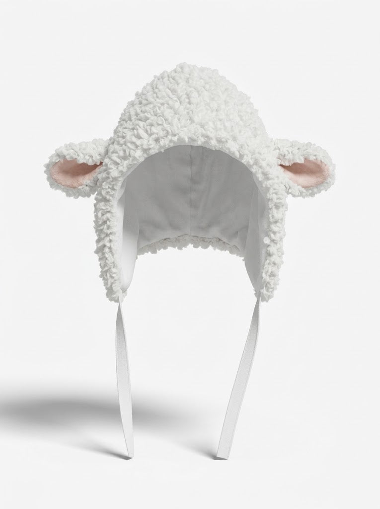 Women’s Plush Sheep Hood – Fluffy Animal-Ear Bonnet with Adjustable Tie Fastening
