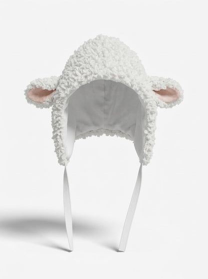 Women’s Plush Sheep Hood – Fluffy Animal-Ear Bonnet with Adjustable Tie Fastening