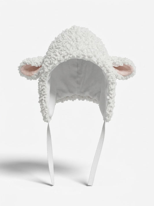 Women’s Plush Sheep Hood – Fluffy Animal-Ear Bonnet with Adjustable Tie Fastening