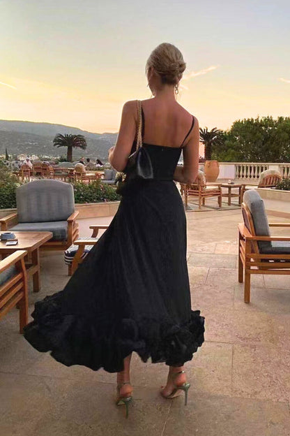 Women’s Ruffle Hem Maxi Dress – Elegant Spaghetti Strap Wedding Guest Style
