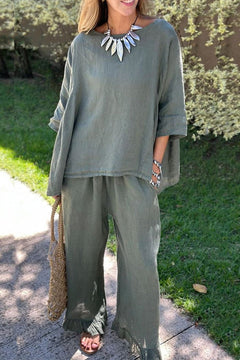 Women’s Cotton-Linen Two-Piece Set – Relaxed Three-Quarter Sleeve Top with Ruffle-Hem Wide-Leg Trousers