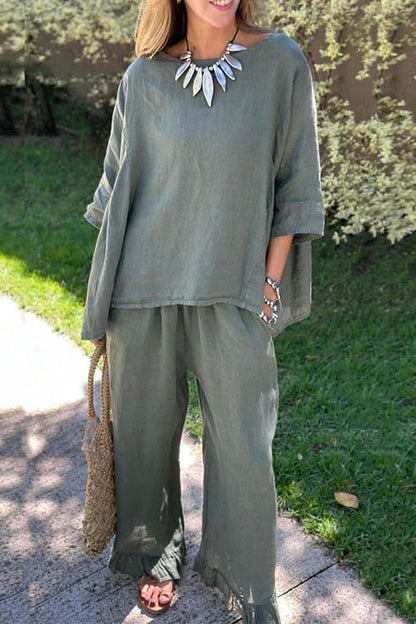 Women’s Cotton-Linen Two-Piece Set – Relaxed Three-Quarter Sleeve Top with Ruffle-Hem Wide-Leg Trousers