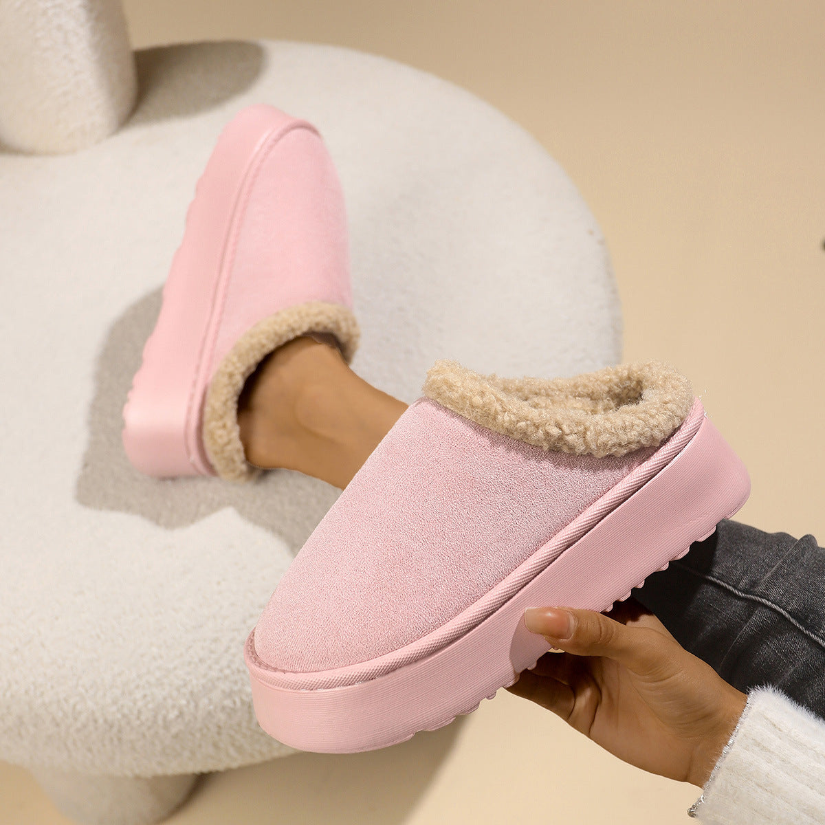 Soft pink plush cuff slipper
