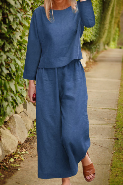 Women’s Linen Lounge Set – Layered Three-Quarter Sleeve Top with Wide-Leg Trousers for Summer Wear