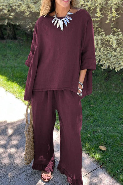 Women’s Cotton-Linen Two-Piece Set – Relaxed Three-Quarter Sleeve Top with Ruffle-Hem Wide-Leg Trousers