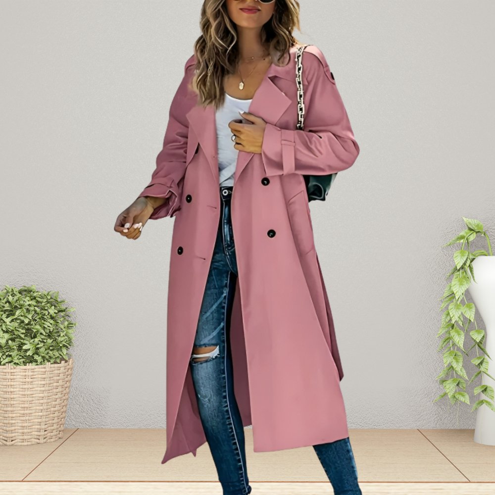 Women’s Long Trench Coat – Double-Breasted with Tie Belt