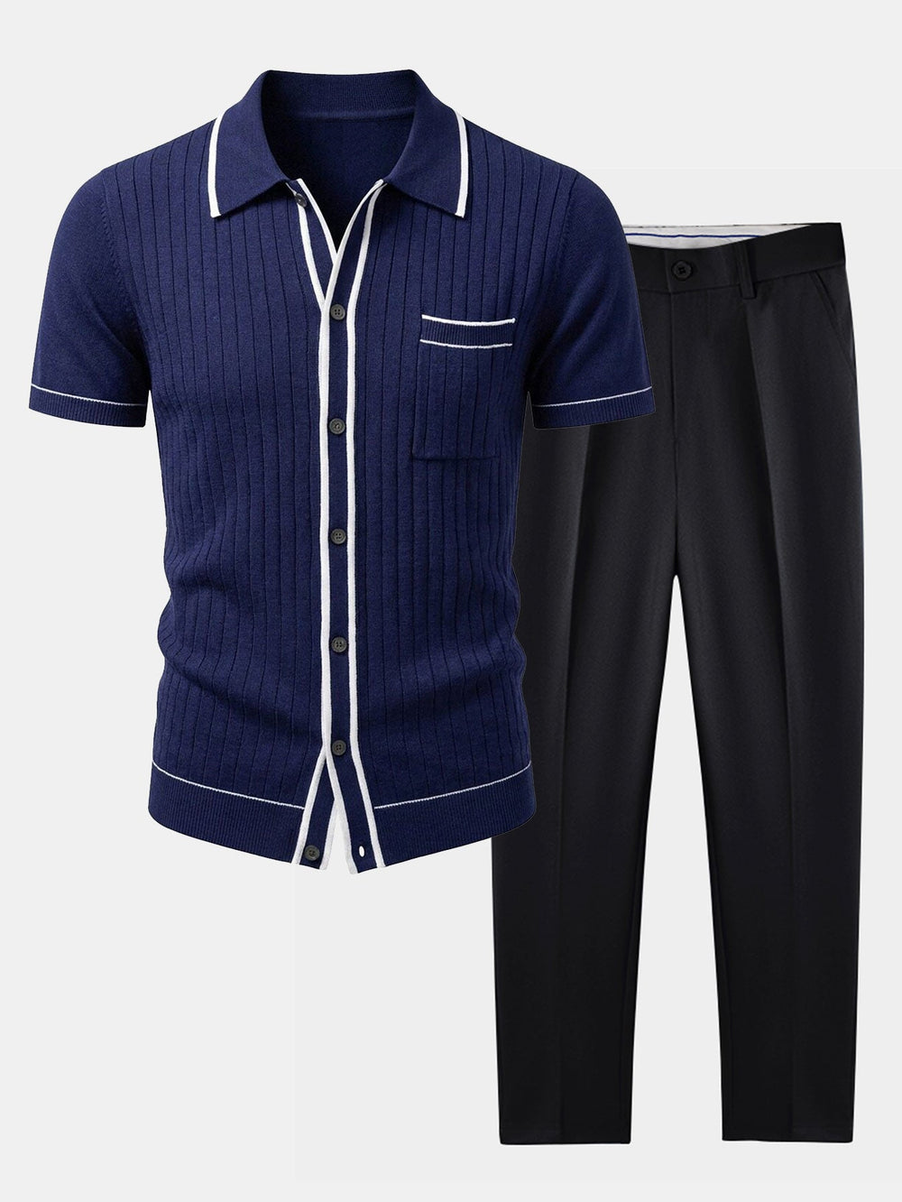 Men’s Ribbed Knit Button Shirt Set – Tailored Tapered Trousers for Smart Casual Dressing