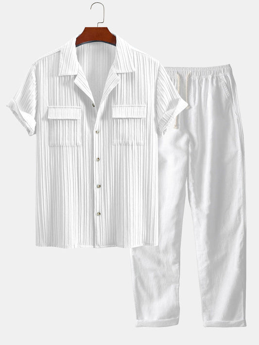 Men’s Textured Cuban Collar Shirt and Linen Blend Trouser Co-Ord for Summer Smart Casual Wear