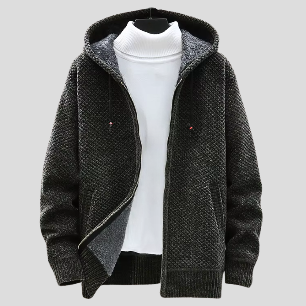 Men’s Hooded Knit Jacket – Waffle-Knit Cardigan with Full-Length Zip