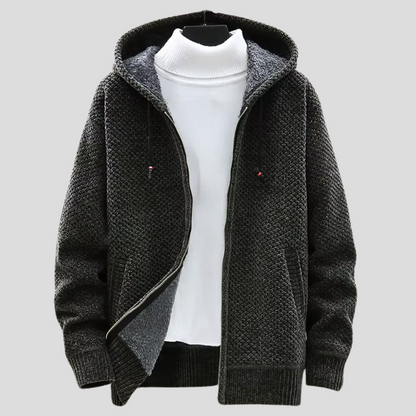 Men’s Hooded Knit Jacket – Waffle-Knit Cardigan with Full-Length Zip