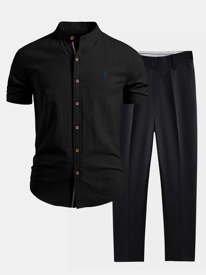 Men’s Cotton Stand Collar Shirt with Tapered Trousers – Smart Summer Co-Ord