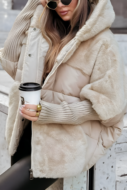 Women’s Oversized Quilted Jacket – Faux Fur Hood with Ribbed Cuffs