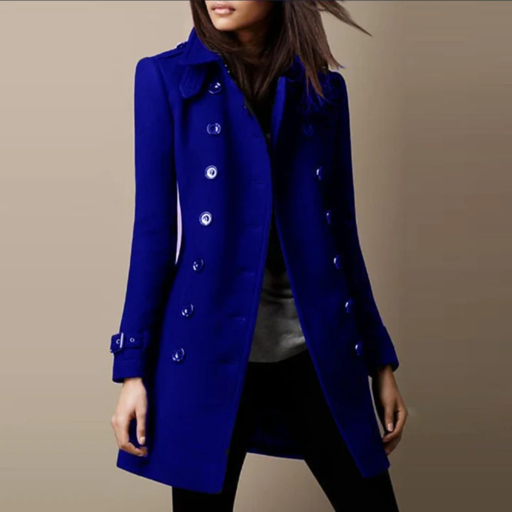 Women’s Trench Coat – Double-Breasted Knee-Length Coat with Sleeve Straps