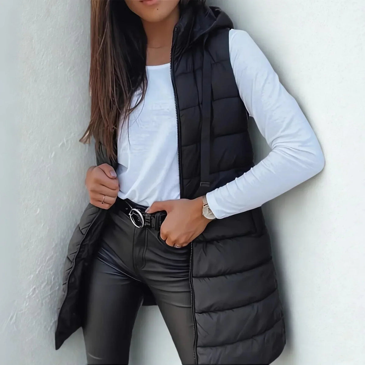 Women’s Longline Quilted Gilet – Hooded Body Warmer with Full-Length Zip