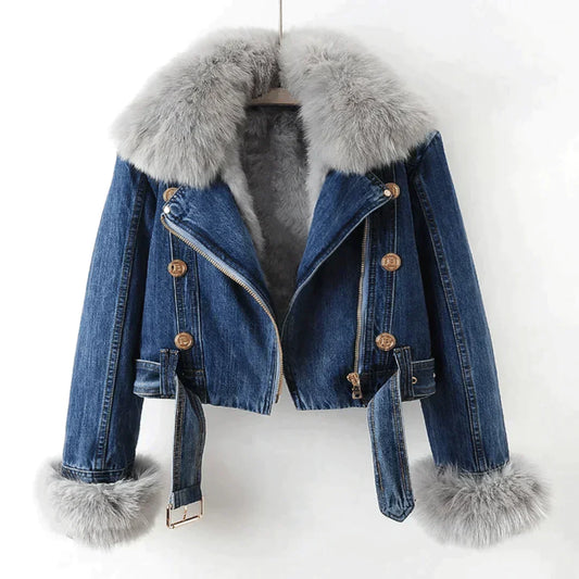 Women’s Faux-Fur Trimmed Denim Jacket – Cropped Winter Layer with Oversized Collar and Plush Cuffs