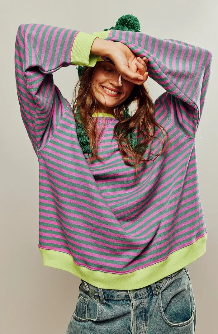 Women’s Striped Sweatshirt – Contrast Trims with Dropped Shoulders