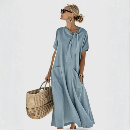 Women’s Relaxed Tie-Neck Midi Dress – Pocket Summer Day Dress for Travel and Casual Wear