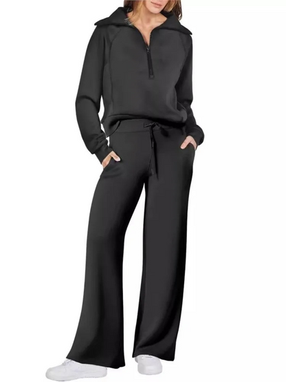 Women’s Half-Zip Leisure Co-Ord – Collared Pullover with Drawstring Wide-Leg Trousers for Casual Wear