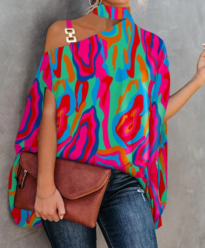 Women’s Asymmetric Choker Top – Printed Draped Blouse for Parties and City Wear