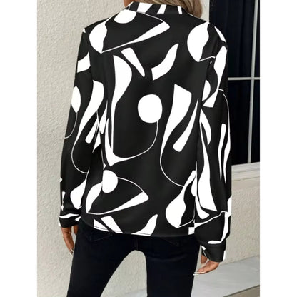 Women’s Abstract Print V-Neck Blouse – Relaxed Long-Sleeve Style for Smart Casual Wear