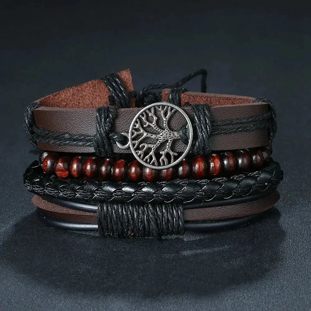 Men’s Braided Leather Wrap Bracelet Set – Layered Beaded Wristwear for Everyday Styling