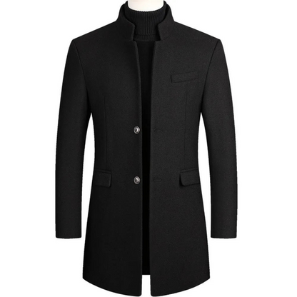 Men’s Stand-Collar Longline Overcoat – Tailored Button-Front Layer with Structured Pockets