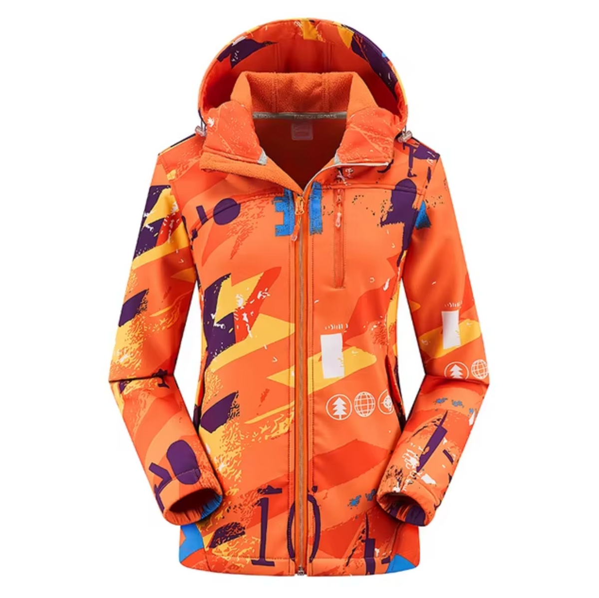 Women’s Printed Hooded Softshell Jacket – Thermal Windproof Outdoor Layer with Waterproof Protection for Hiking and Winter Activities