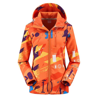 Women’s Printed Hooded Softshell Jacket – Thermal Windproof Outdoor Layer with Waterproof Protection for Hiking and Winter Activities