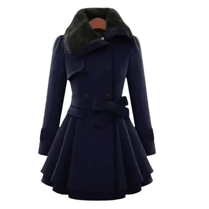 Women’s Faux-Fur Collar Fit-and-Flare Coat – Belted Tailored Layer for Elegant Winter Styling