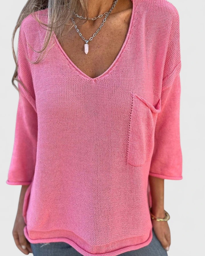 Women’s Knitted Jumper – Deep V-Neck Fine-Knit Jumper with Chest Pocket