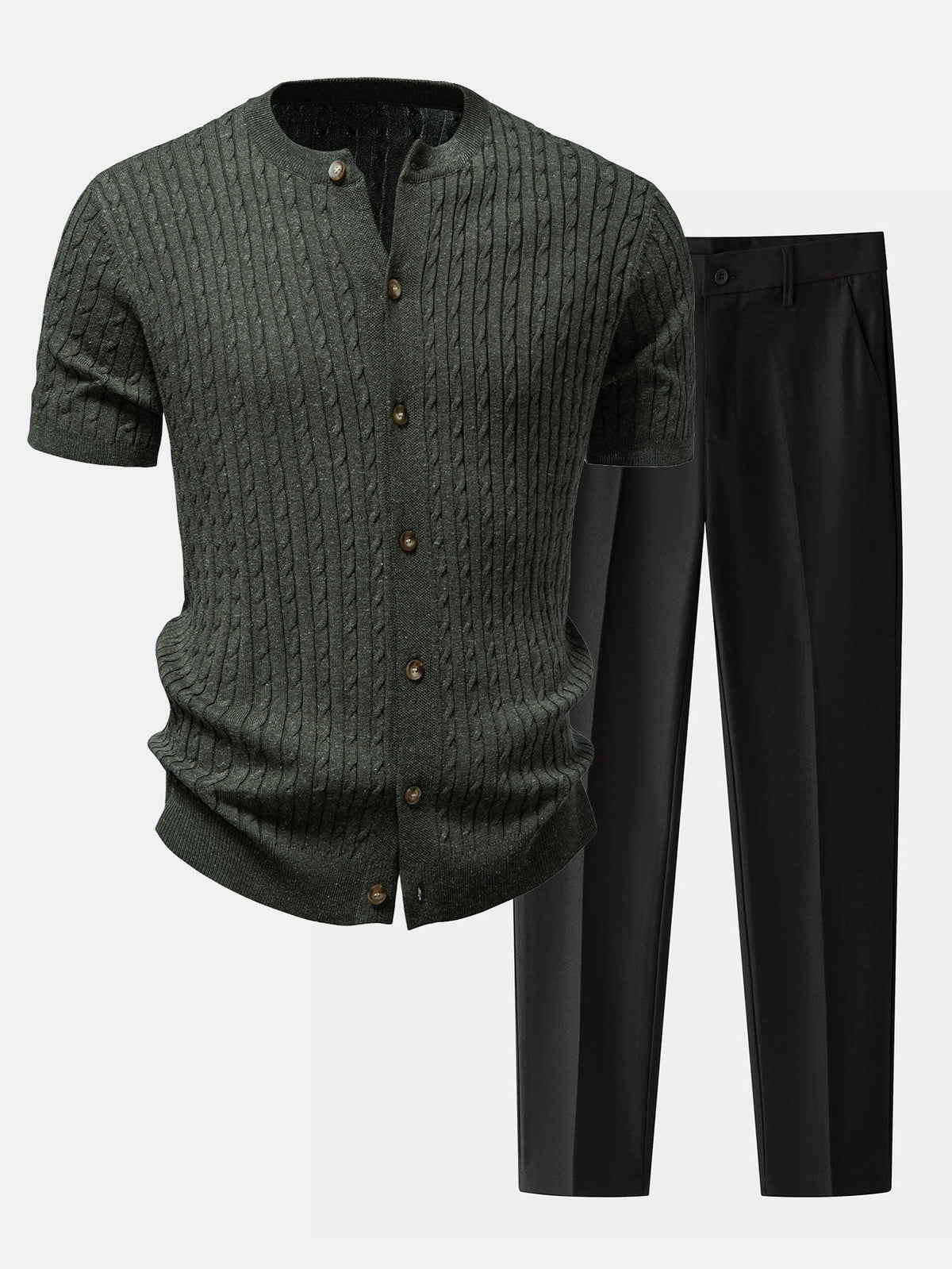 Men’s Cable-Knit Button Shirt with Tapered Trousers – Refined Smart Casual Set