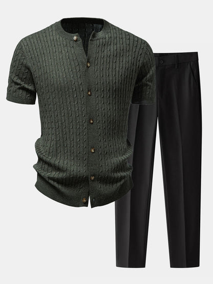 Men’s Cable-Knit Button Shirt with Tapered Trousers – Refined Smart Casual Set