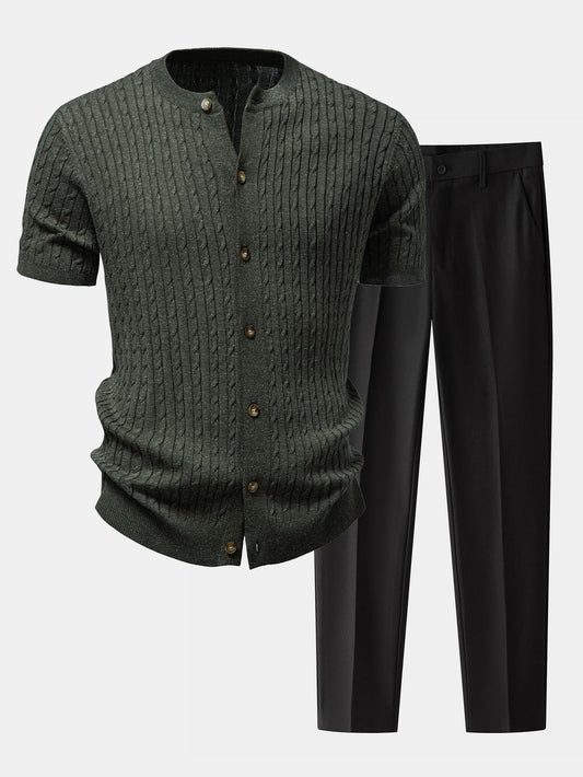 Men’s Cable-Knit Button Shirt with Tapered Trousers – Refined Smart Casual Set