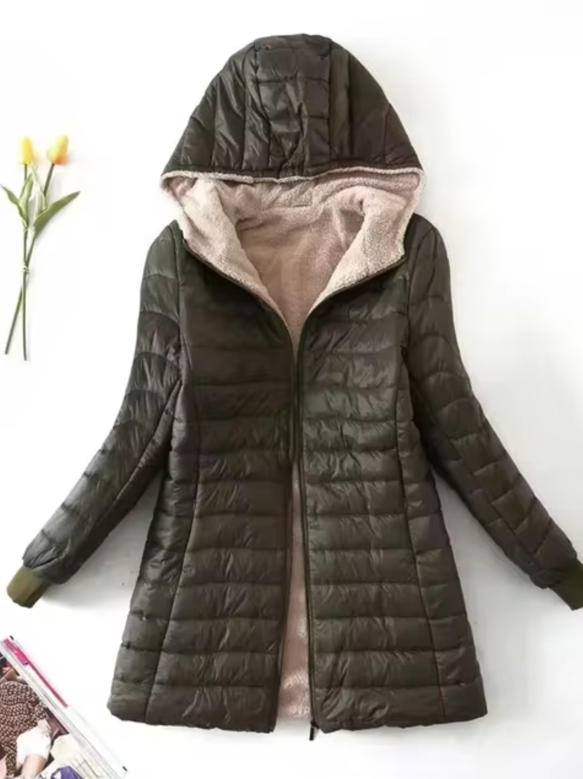 Women’s Plush Fleece-Lined Hooded Quilted Coat – Warm Mid-Length Winter Layer