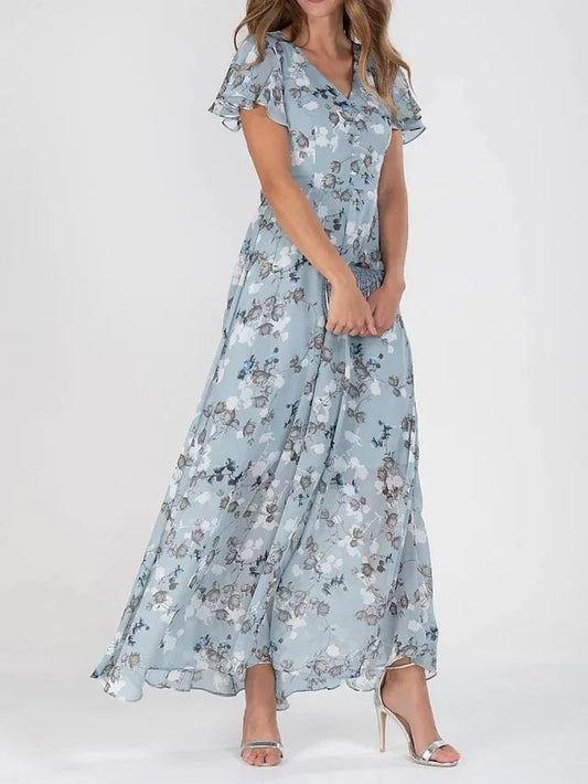 Women’s Printed V-Neck Maxi Dress – Flowing Summer Wedding Guest Style