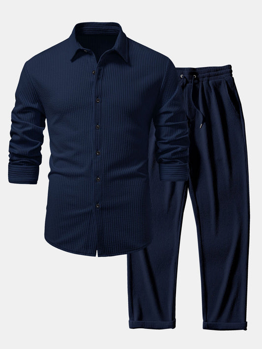 Men’s Ribbed Muscle-Fit Shirt and Straight Trousers – Stretch Smart Casual Set
