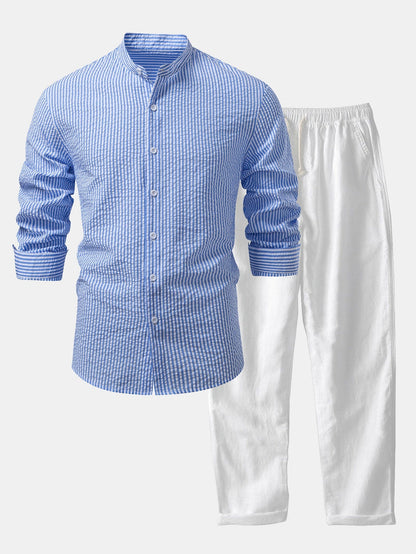 Men’s Lightweight Stand Collar Co-Ord – Seersucker Shirt with Linen Blend Trousers