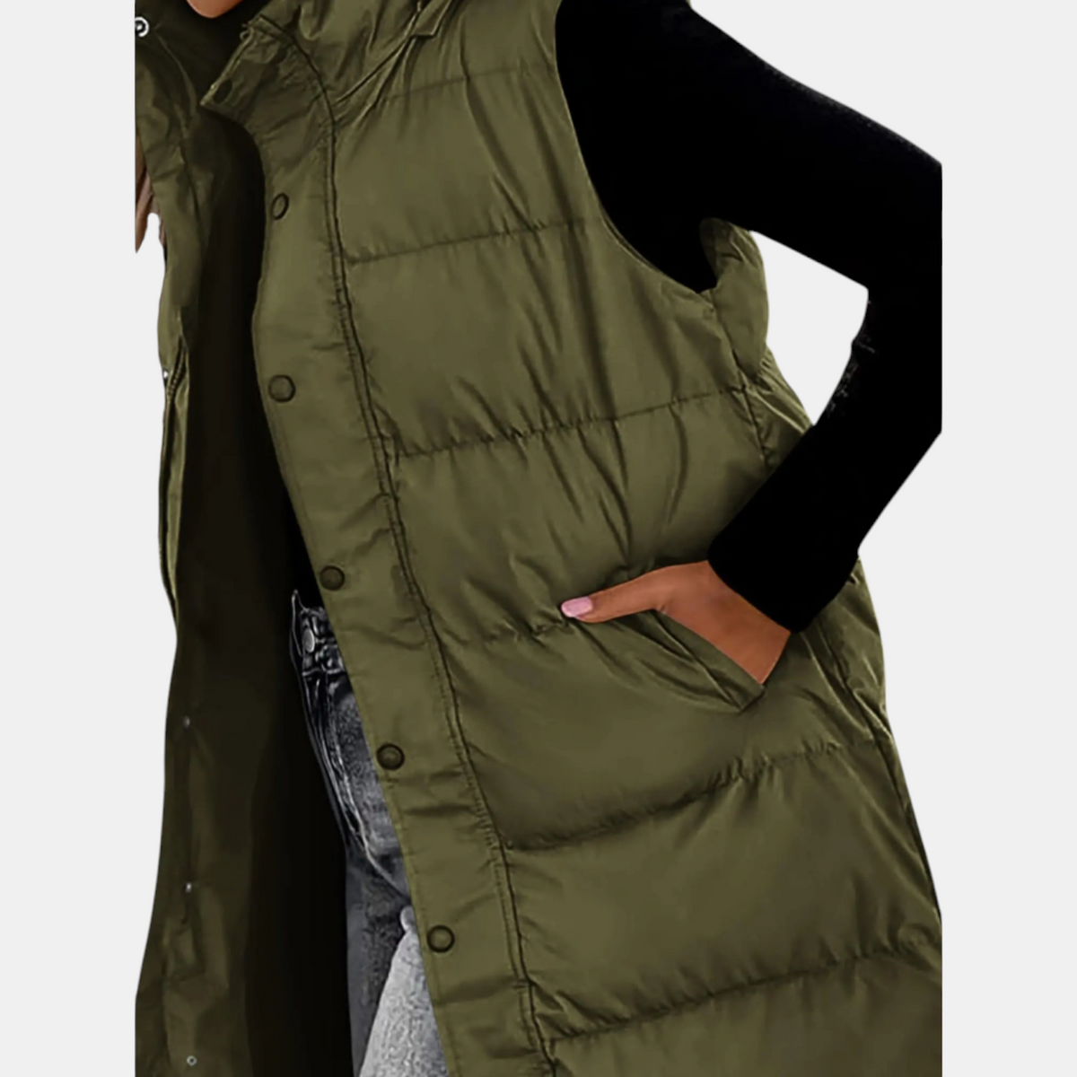 Women’s Longline Quilted Gilet – Hooded Sleeveless Padded Coat
