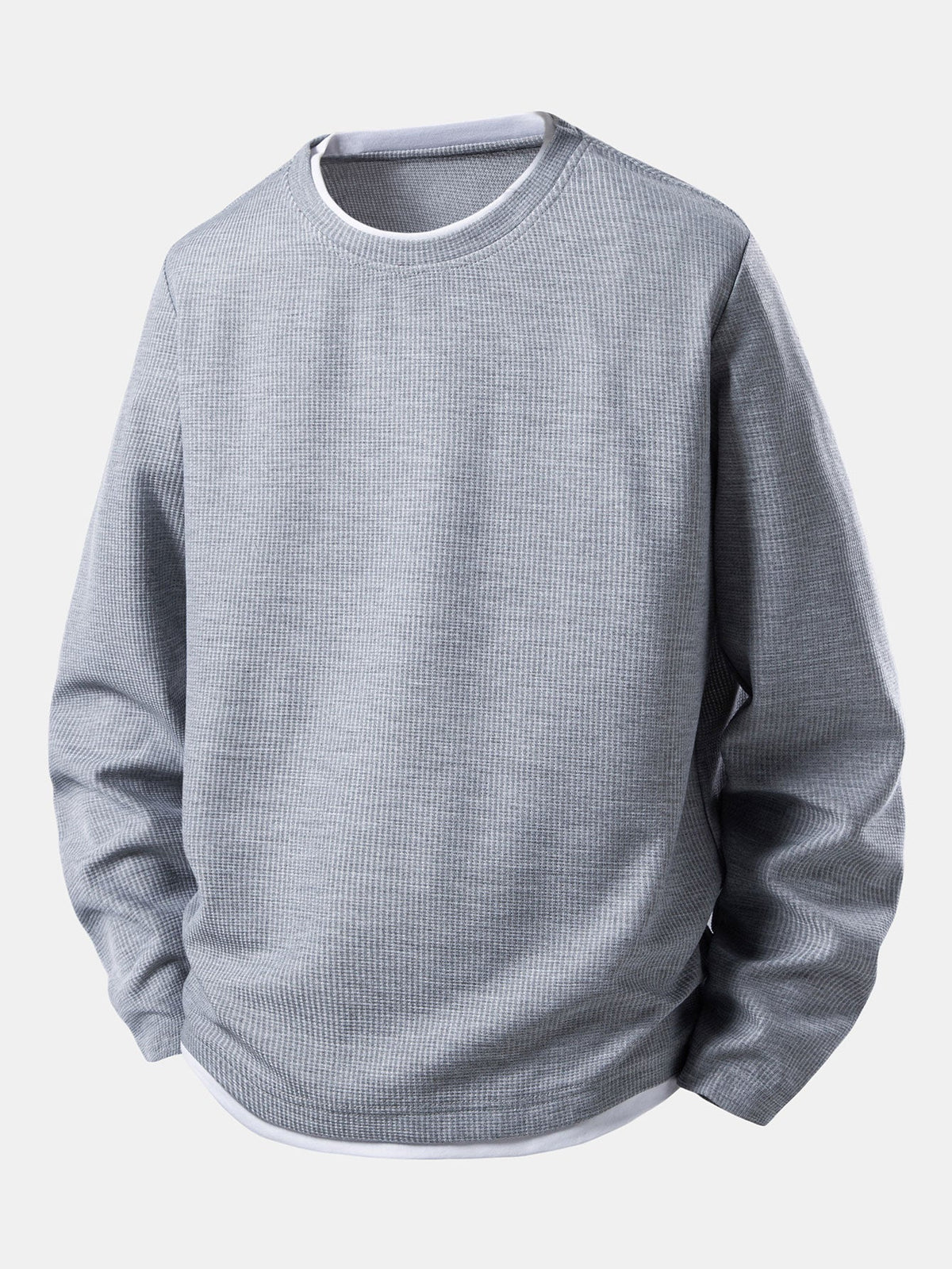 Men’s Waffle Long-Sleeve T-Shirt with Layered Crew Neck – Autumn Casual Essential