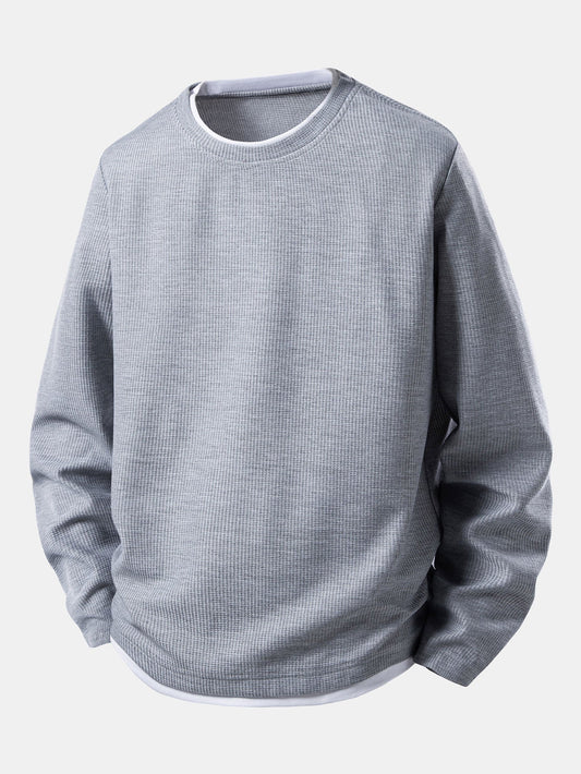 Men’s Waffle Long-Sleeve T-Shirt with Layered Crew Neck – Autumn Casual Essential