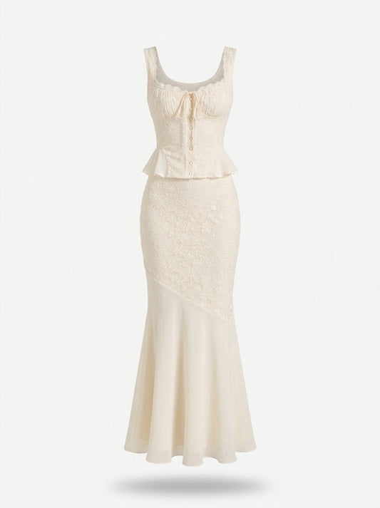 Women’s Lace Two-Piece Skirt Set – Fitted Peplum Top with Flared Maxi Skirt for Weddings and Summer Occasions