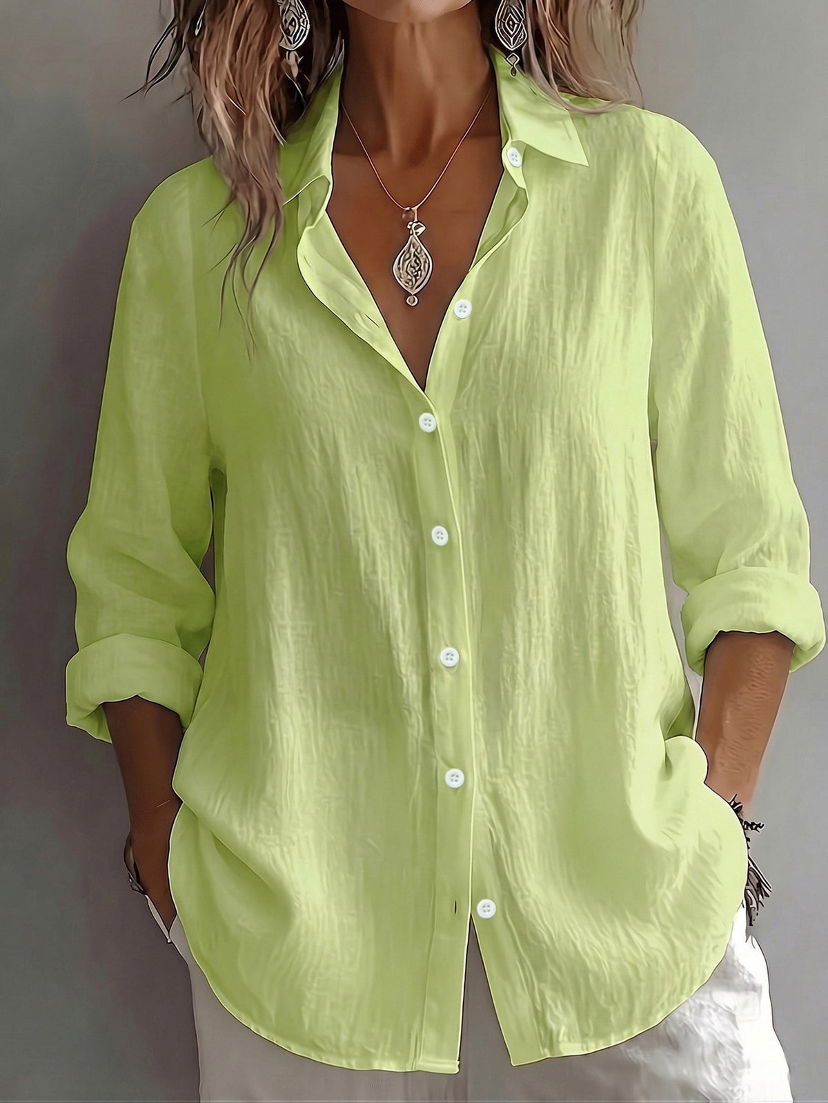 Women’s Shirt Blouse – Relaxed Button-Down Shirt with Roll-Up Sleeves