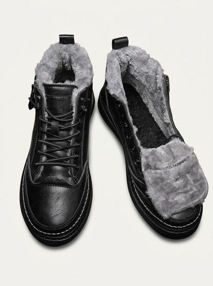 Men’s Fur-Lined Leather Ankle Boots – Lace-Up Platform Winter Boots for Everyday Wear
