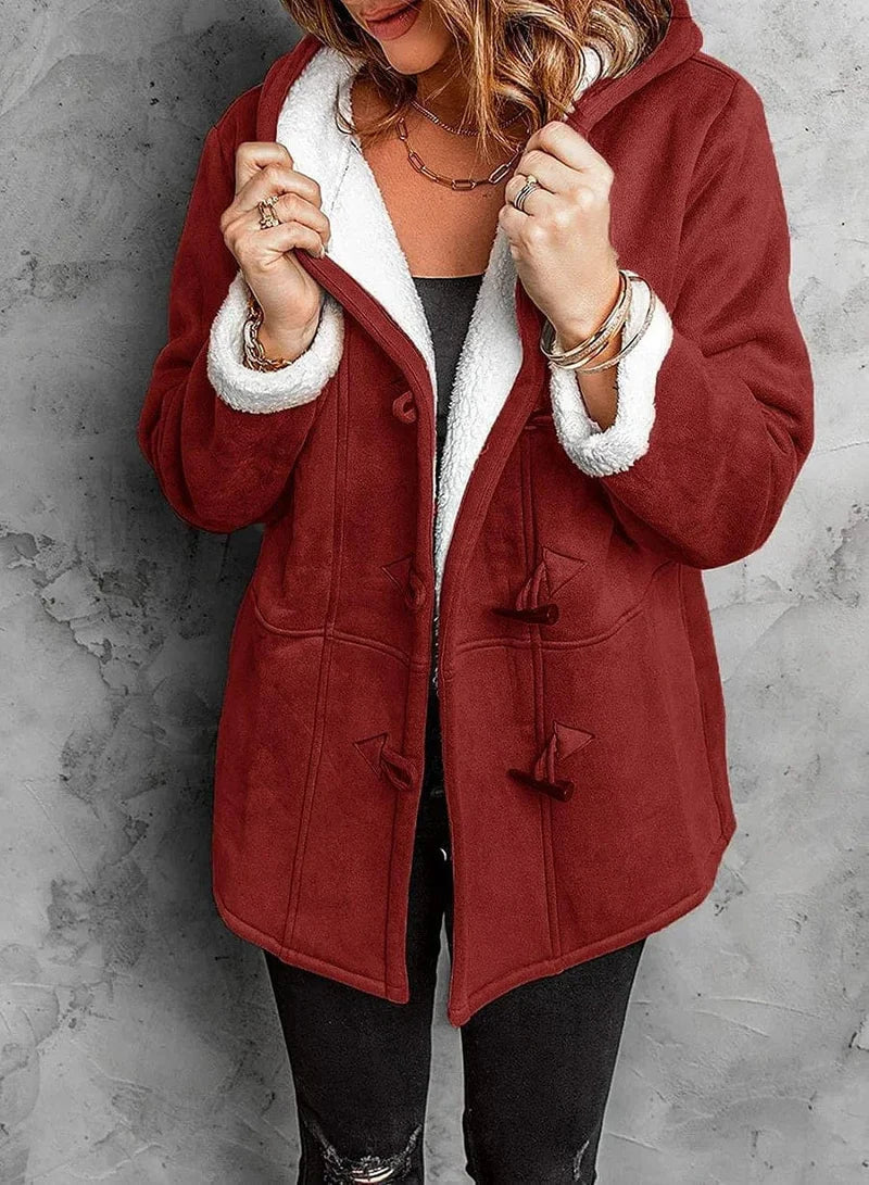 Women’s Fleece-Lined Hooded Duffle Coat – Relaxed Mid-Length Winter Outerwear with Toggle Closures and Plush Cuffs