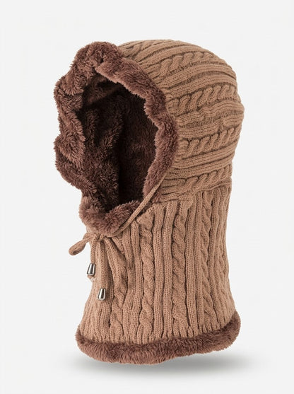Women’s Knitted Balaclava Hood Scarf – Plush-Lined Cable-Knit Windproof Winter Neck Warmer with Adjustable Drawcord